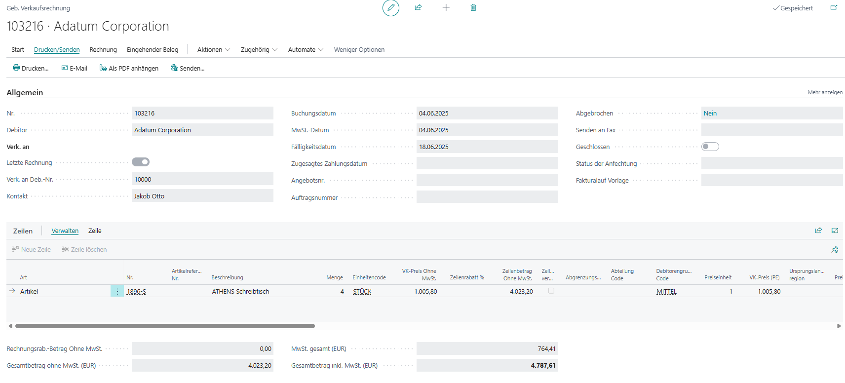 Im Bild ist eine gebuchte Verkaufsrechnung zu sehen. Im Inforegister Allgemein werden Informationen wie Debitor und Buchungsdatum angezeigt. In Inforegister Zeilen ist eine Artikelzeile zu sehen. Der Gesamtbetrag ist fett angedruckt. 