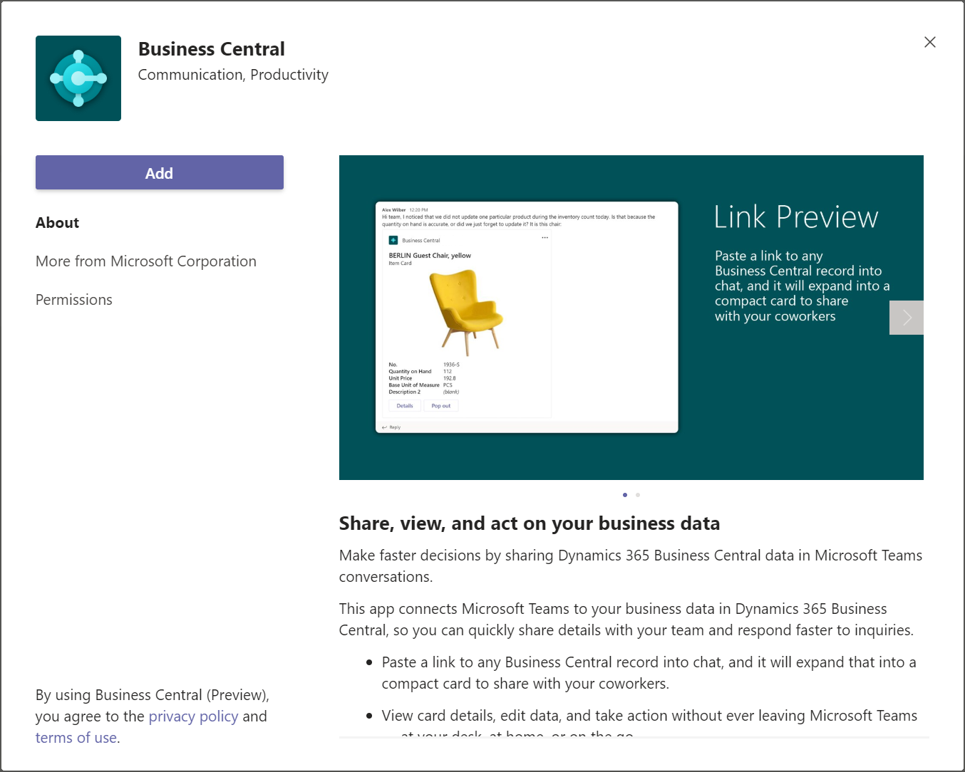 Installieren der Business Central-App in Teams.