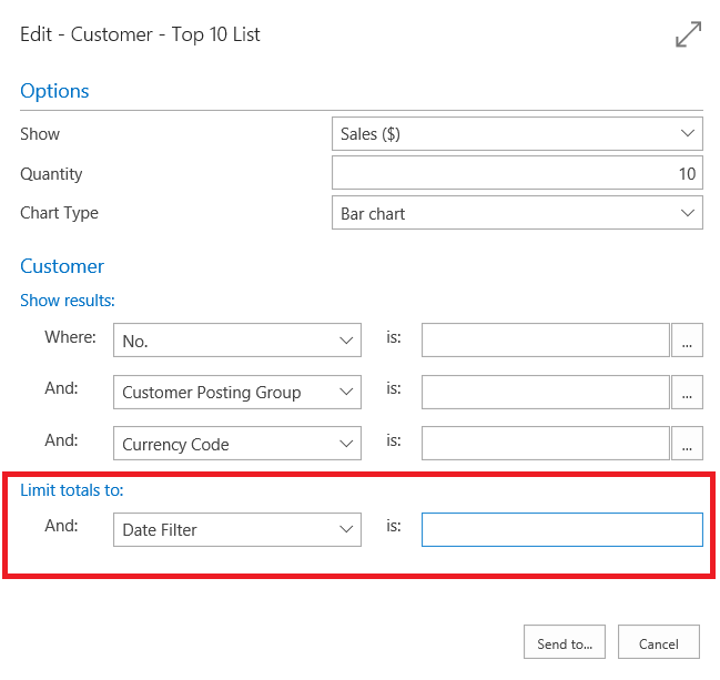 Setting a date range in the request page for the Customer Top 10 list.